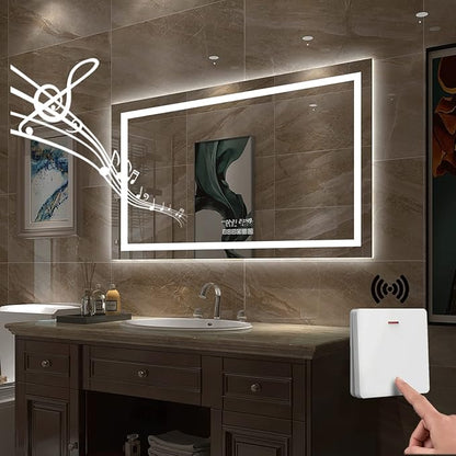 Gesipor 40"x32" Bathroom LED Mirror with Wireless Speaker Wall Switch - Lighted Vanity Mirrors for Bathroom Wall Mounted Backlit, Dimmable Light 3000K/6000K Anti-Fog Makeup Smart Mirror (Horizontal) - PuriLite