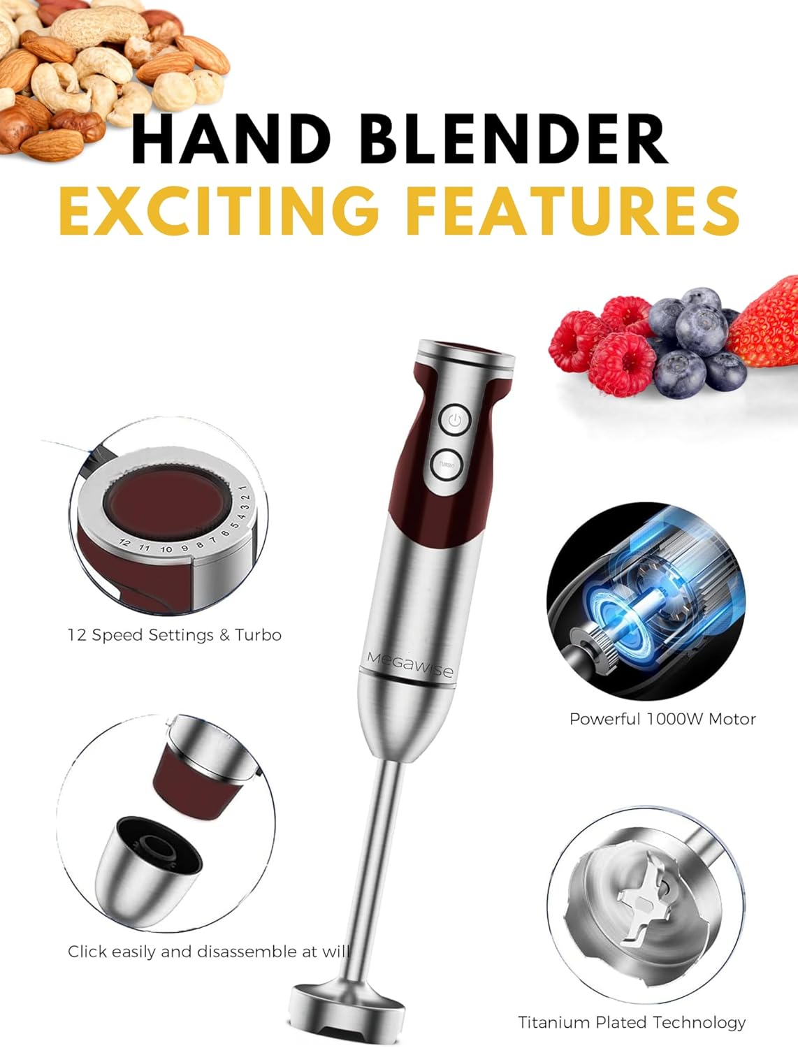MEGAWISE new Hand Blender Series Only one Hand Blender,no attachments,12-Speed,Includes Powerful Blender Stick- Easy to Clean and Perfect for Smoothies, and More (Black) - PuriLite