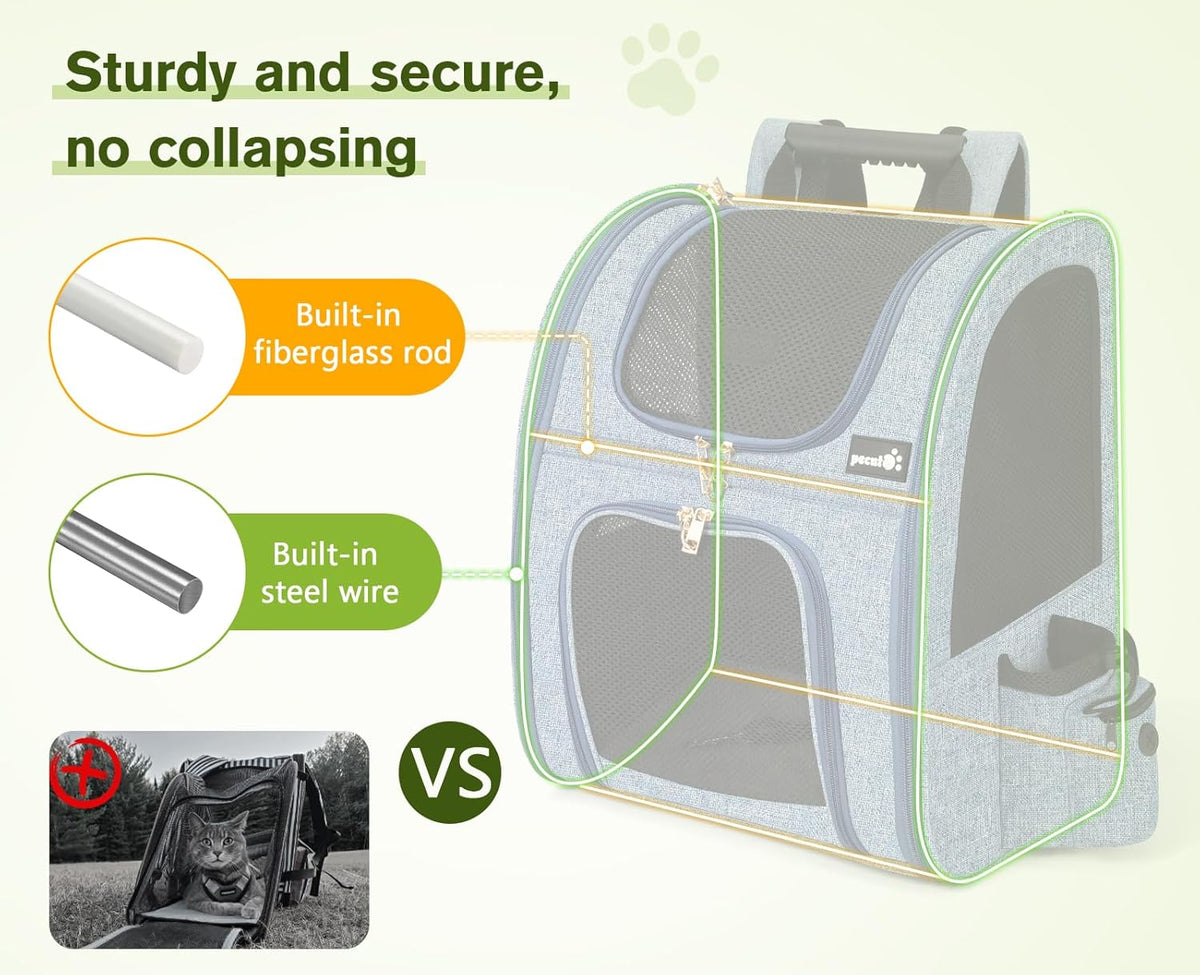Pecute Cat Backpack with Breathable Mesh, Dog Backpack Carrier with Multi-Pockets for Cats Puppies, Pet Backpack Carrier for Travel Hiking Camping Outdoor （Gray） - PuriLite