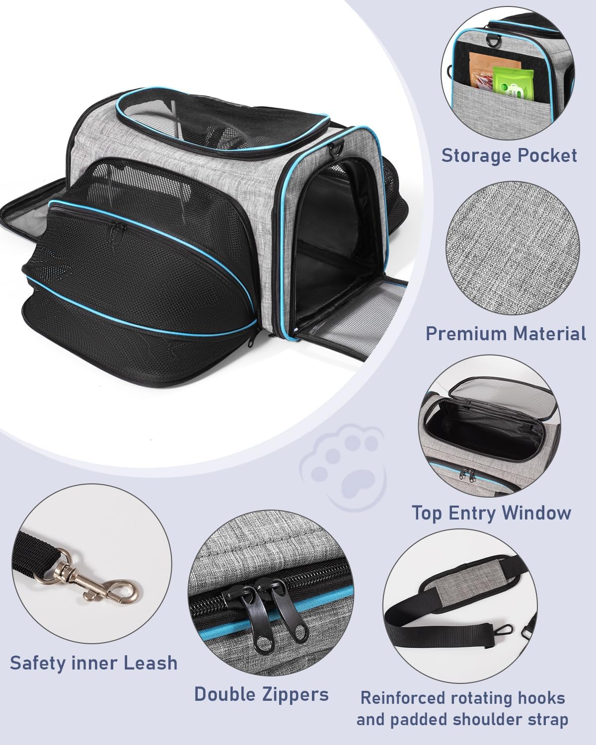 Siivton Cat Carrier,4 Sided Expandable Pet Carrier for Travel,Collapsible Soft-Sided Carriers with Removable Fleece Pad and Shoulder Straps,Airline Approved(17.5"x 11"x 11") - PuriLite