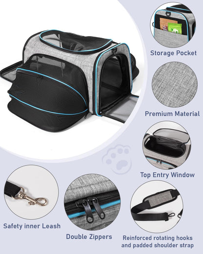 Siivton Cat Carrier,4 Sided Expandable Pet Carrier for Travel,Collapsible Soft-Sided Carriers with Removable Fleece Pad and Shoulder Straps,Airline Approved(17.5"x 11"x 11") - PuriLite