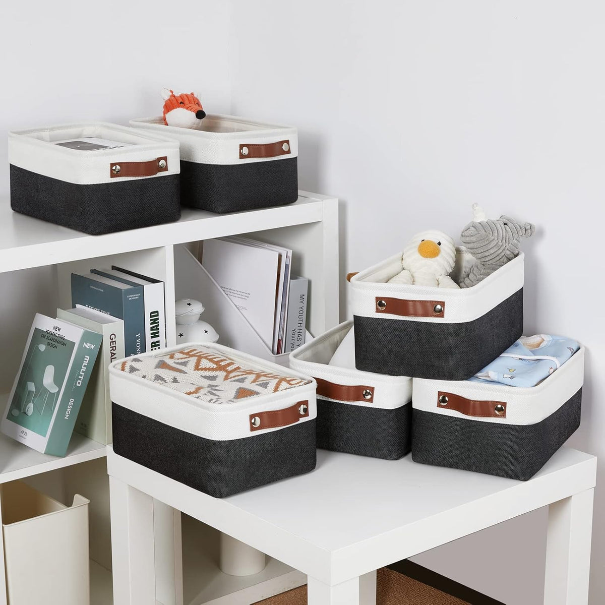 DULLEMELO Storage Baskets for Shelves, Fabric Collapsible Rectangular Storage Bins for Shelves, Closets, Nursery, Home, Office, Empty Gift Baskets (White&Teal) - PuriLite