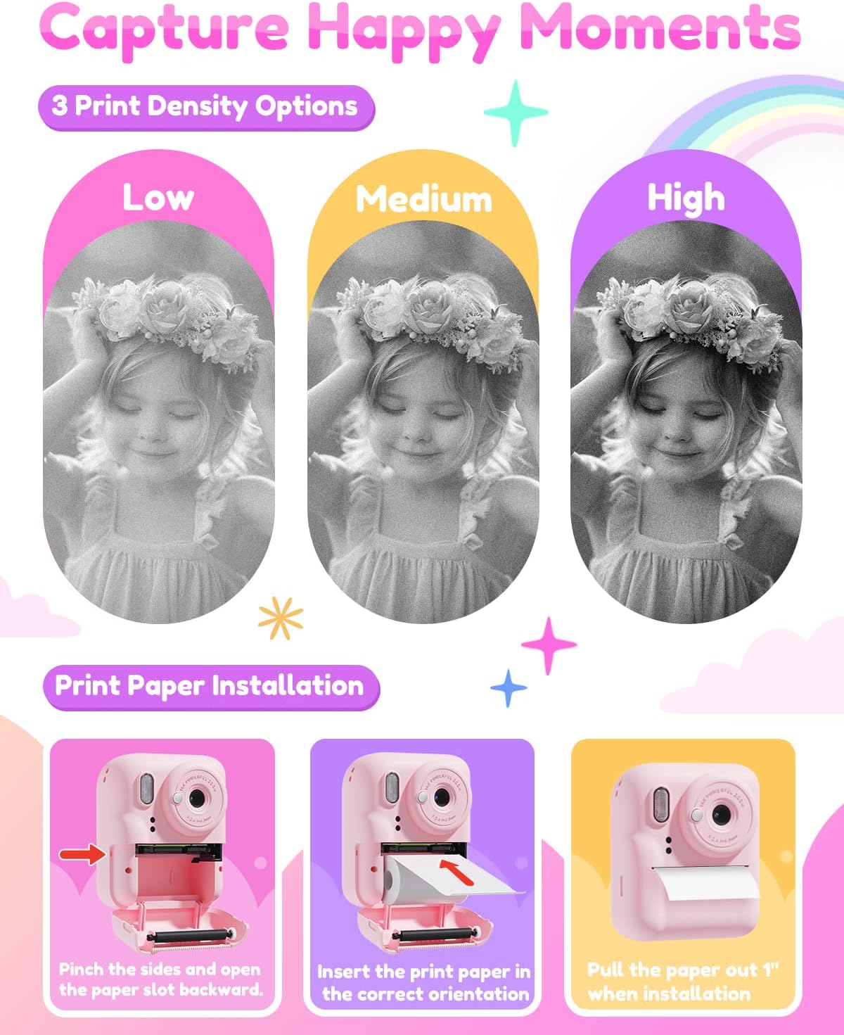 Pussan Kids Camera Instant Print, 1080P Instant Print Camera Toys for 3-12 Year Old Girls, Christmas Birthday Gifts for Age 3 4 5 6 7 Girls, Kids Digital Camera Toys with 3 Rolls Print Paper-Pink - PuriLite