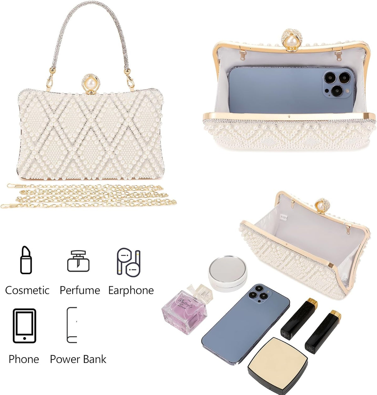 Women's Evening Handbags Pearl Clutch Purse Beaded bag Bridal Clutch wedding Purse - PuriLite