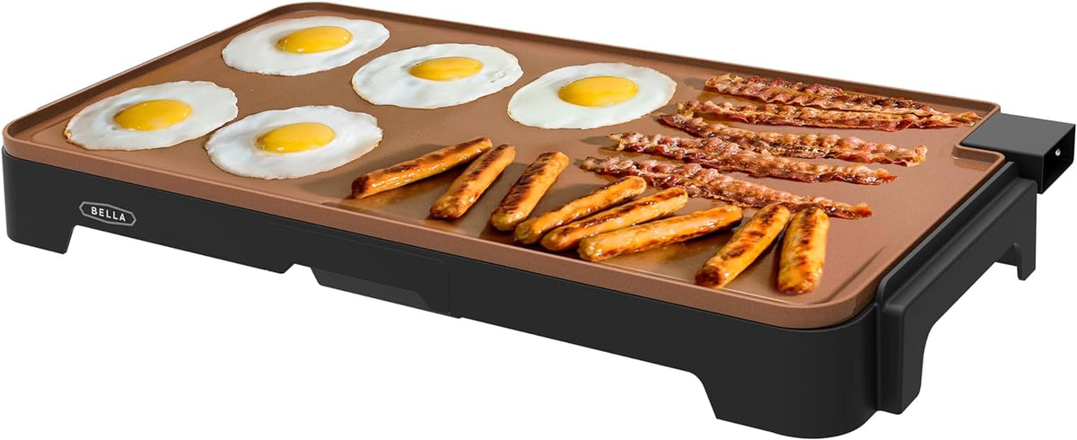 BELLA XL Electric Ceramic Titanium Griddle, Make 15 Eggs At Once, Healthy-Eco Non-stick Coating, Hassle-Free Clean Up, Large Submersible Cooking Surface, 12" x 22", Copper/Black - PuriLite