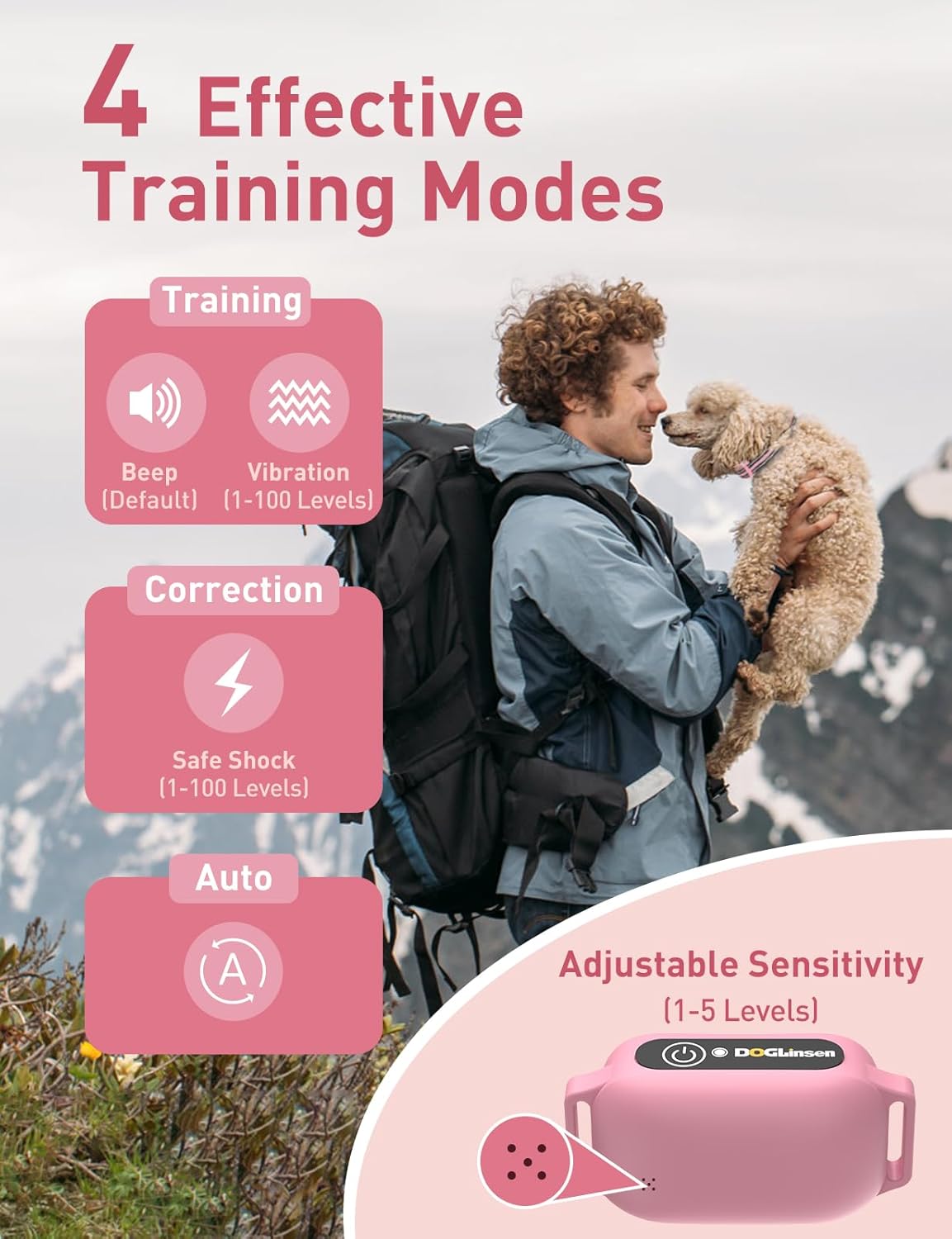 DOGLinsen 2-in-1 Bark and Shock Collar for Dogs, Smart Anti Barking Dog Training Collar with 5 Adjustable Sensitivity, Automatic Bark Collar with Remote, Vibration, Beep, Shock and Automatic - PuriLite