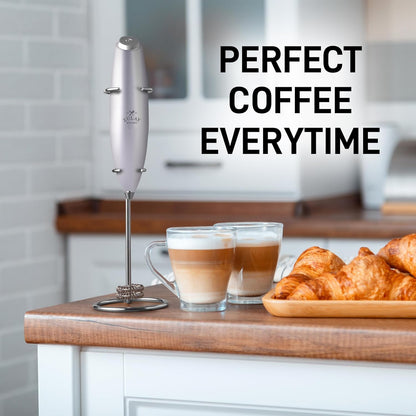 Zulay Kitchen Powerful Double Whisk Milk Frother Handheld - Foam Maker with Stand - Whisk Drink Mixer for Coffee, Mini Foamer for Latte, Matcha, Frappe, Hot Chocolate & Cappuccino (Black) - PuriLite