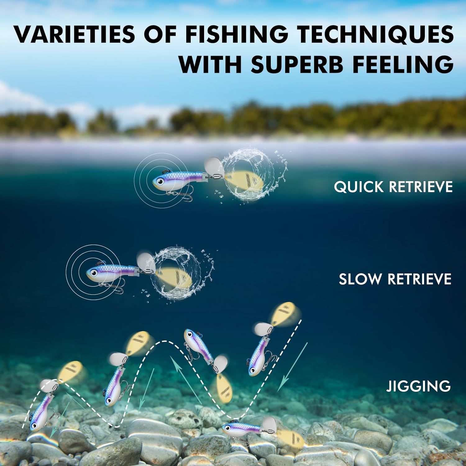 TRUSCEND Fishing Spinners with Unique Double Spoons, Nano-Plated Rooster Tail Fishing Lures with Copper Body & Blade, Great Action Blade Bait for Bass Trout Walleye, Freshwater Ice Fishing Jigs - PuriLite
