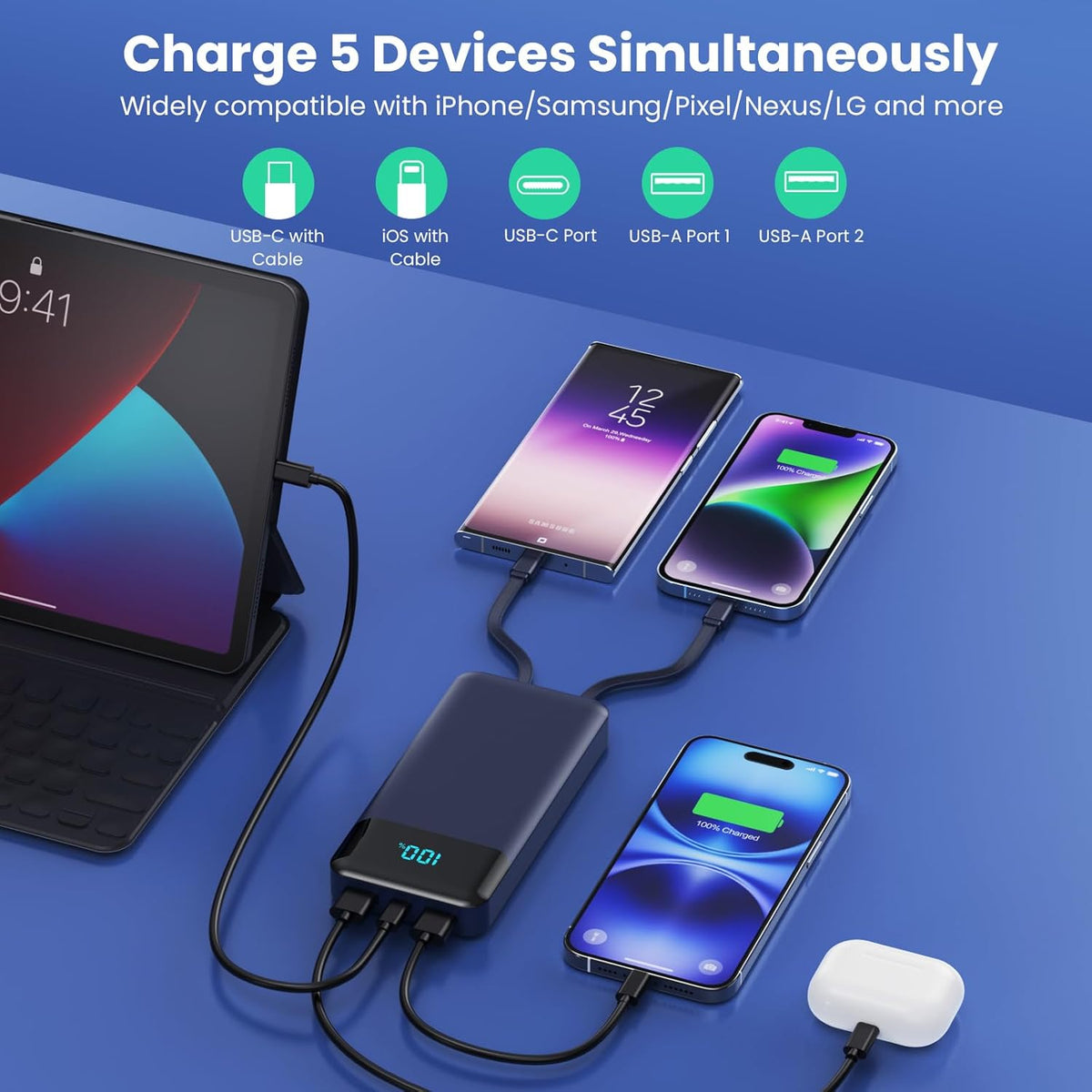 Power Bank 40800mAh Portable Charger with 3 Built-in Cable,25W PD USB C in&Out Power Bank Fast Phone Charging,QC4.0 LED Display Portable Battery Pack Compatible with iPhone 16/15,Samsung Android-Black - PuriLite