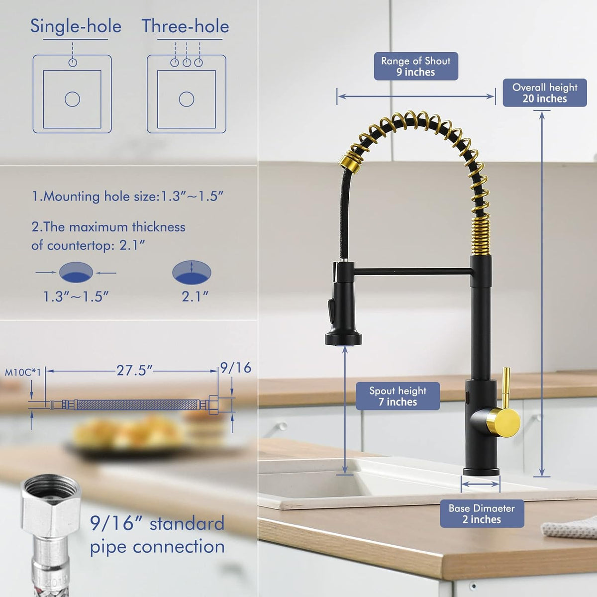GIMILI Matte Black Kitchen Faucet with LED Light,Single Hole Spring Kitchen Sink Faucet with Pull Down Sprayer - PuriLite
