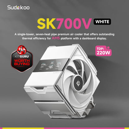 Sudokoo SK700V White AM5 CPU Cooler : 7 Heatpipes CPU Air Cooler with Digital Display for AM5 Exclusive - Single Tower PC Cooling with 120mm FDB PWM Quiet Fan & L-Rail Lock Mount - PuriLite