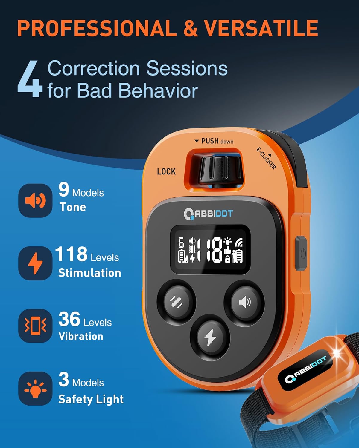 ABBIDOT Shock Collar 2 Dogs - 4500ft Dog Training Collar, 178 Levels, E-cliker, Waterproof Remote & Collar, Night Light E Collar for Small Medium Large Dogs (Black, 2 Collars) - PuriLite