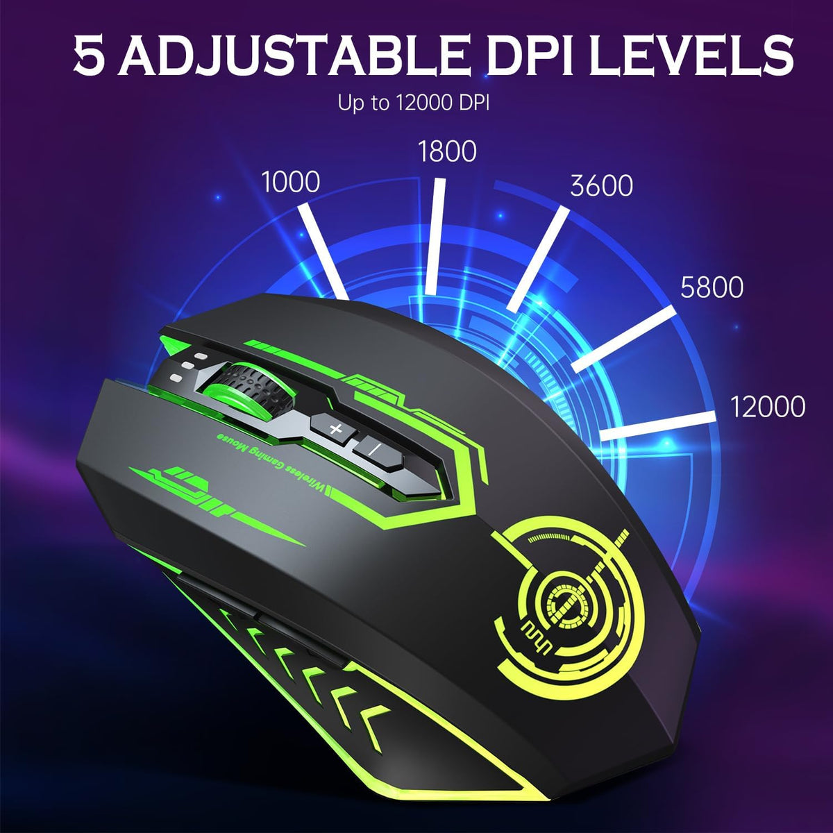 Wireless Gaming Mouse Up to 10000 DPI, UHURU Rechargeable USB Wireless Mouse with 6 Buttons 7 Changeable LED Color Ergonomic Programmable MMO RPG for PC Laptop, Compatible with Windows Mac - PuriLite