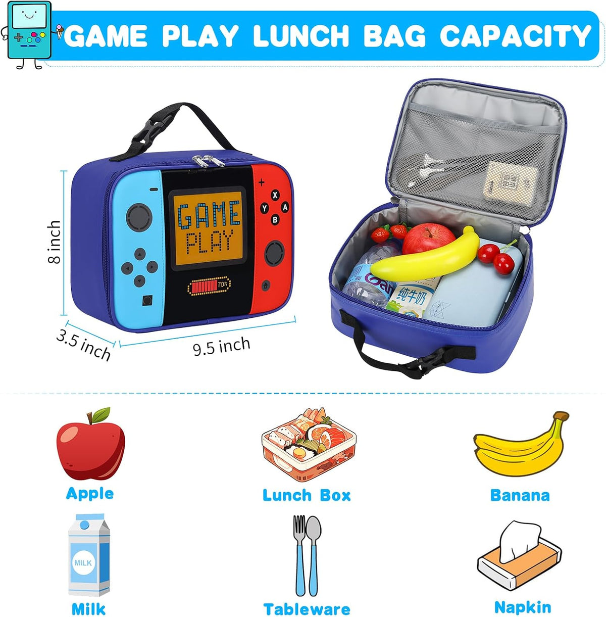 Kids Lunch Bag Insulated Back to School Reusable Tote Lunch Box for Girls Boys-Game Play - PuriLite