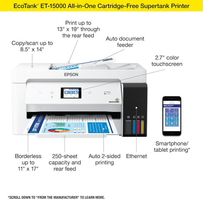 Epson EcoTank ET-15000 Wireless Color All-in-One Supertank Printer with Scanner, Copier, Fax, Ethernet and Printing up to 13 x 19 Inches - PuriLite