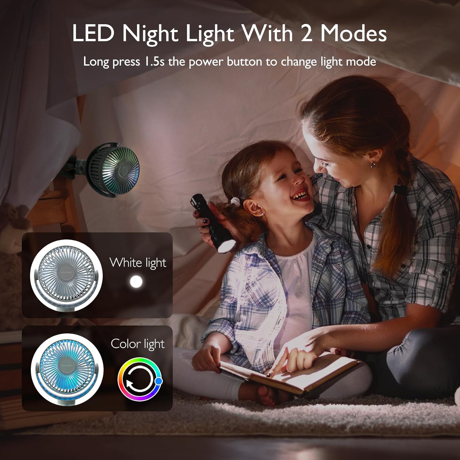 Momcozy Portable Stroller Fan, 27H Ultra-long Battery Life, Detachable 4 Speed 360°Rotate, LED Night Light with 2 Modes, USB Rechargeable and Handheld Cooling Fan for Travel, Car Seat - PuriLite