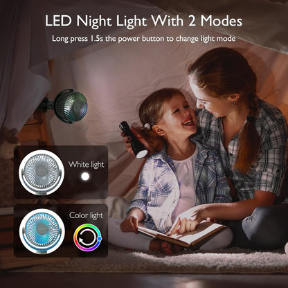 Momcozy Portable Stroller Fan, 27H Ultra-long Battery Life, Detachable 4 Speed 360°Rotate, LED Night Light with 2 Modes, USB Rechargeable and Handheld Cooling Fan for Travel, Car Seat - PuriLite