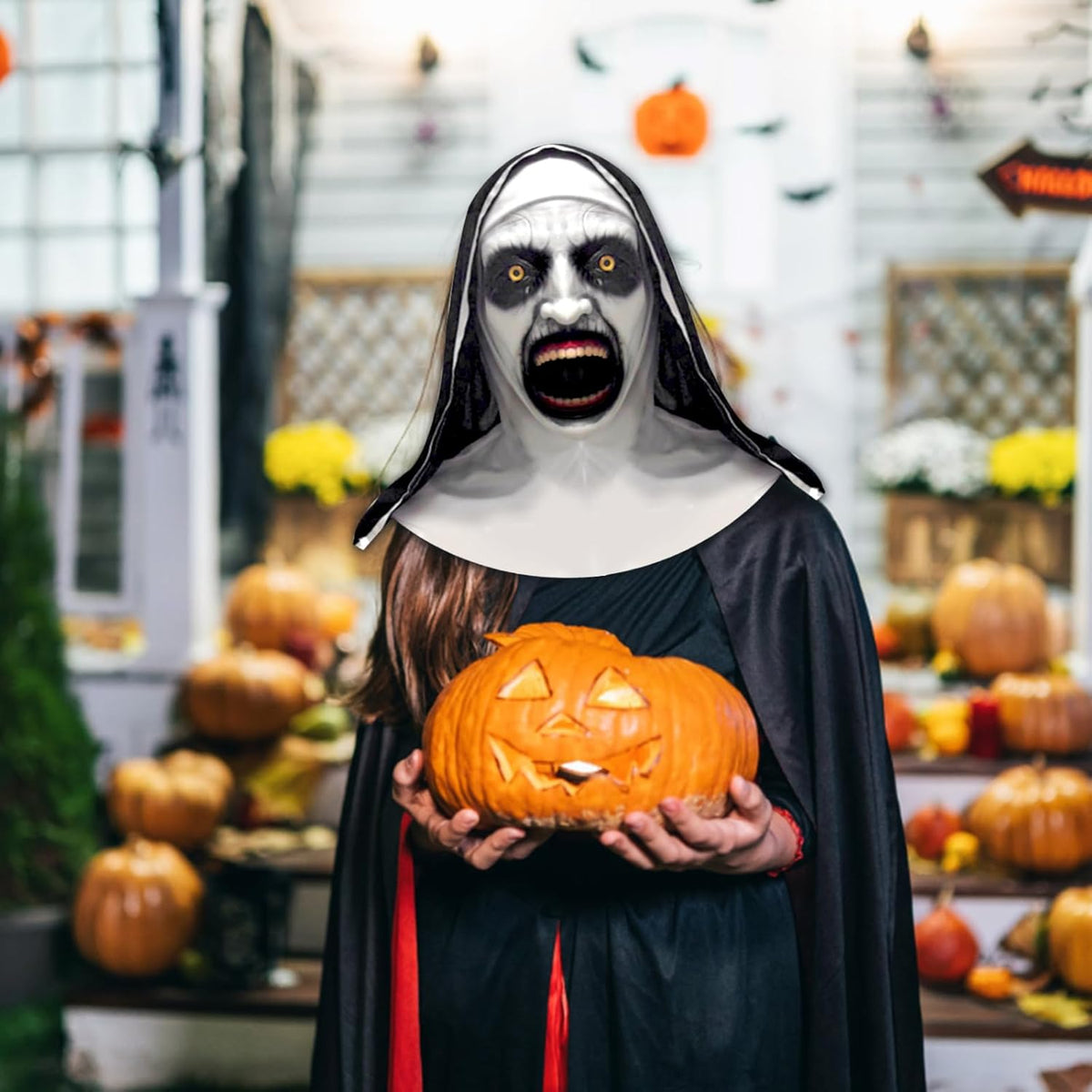 Halloween Mask with Hat Scary Nun Mask Creepy Full Head Realistic Mask Female Ghost Devil Full Head Mask Halloween Cosplay - PuriLite