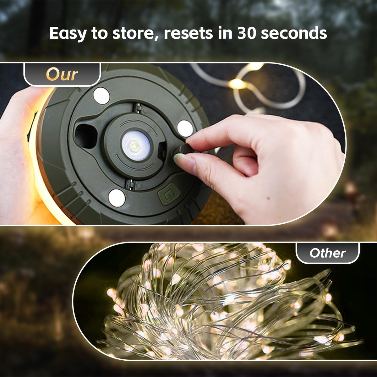 Camping String Lights, 32.8Ft Outdoor String Lights with 8 Lighting Modes,Quick 30s Recovery,Portable and Durable,12H Runtime-Rechargeable Camping Lights for Outdoor Yard Hiking - PuriLite