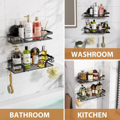 LEVERLOC Shower Caddy Suction Cup, 2 Pack Black Shower Shelf with Hooks and Soap Holder, NO-Drilling Bathroom Organizer, Rustproof Metal Bathroom Storage and Organization - PuriLite