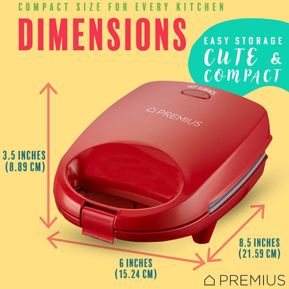 PREMIUS Ceramic NonStick Mini Snack Sandwich Maker, Indicator Light, 5x4.4 Inch Mold, Great for French Toast, Tuna Melt, Egg & Grilled Cheese, Pancake Sandwich, Desserts, Toasties, 520 W (Red) - PuriLite