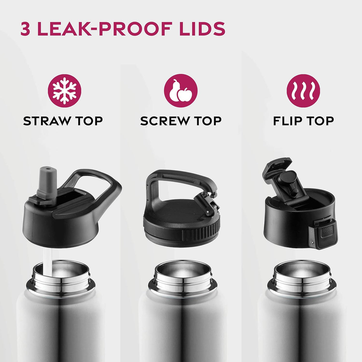 FineDine Water Bottle - Stainless Steel Insulated Water Bottle with Straw Lid, Flip Lid & Wide-Mouth Cap - Keeps Hot and Cold - 25 Oz / 739ml - Pure Pearly White - PuriLite