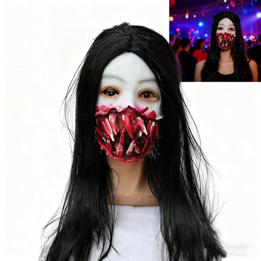 Bloodcurdling Zombie Woman Latex Mask – Realistic Gore Design with Long Black Hair, One Size for Adult Devotees - PuriLite