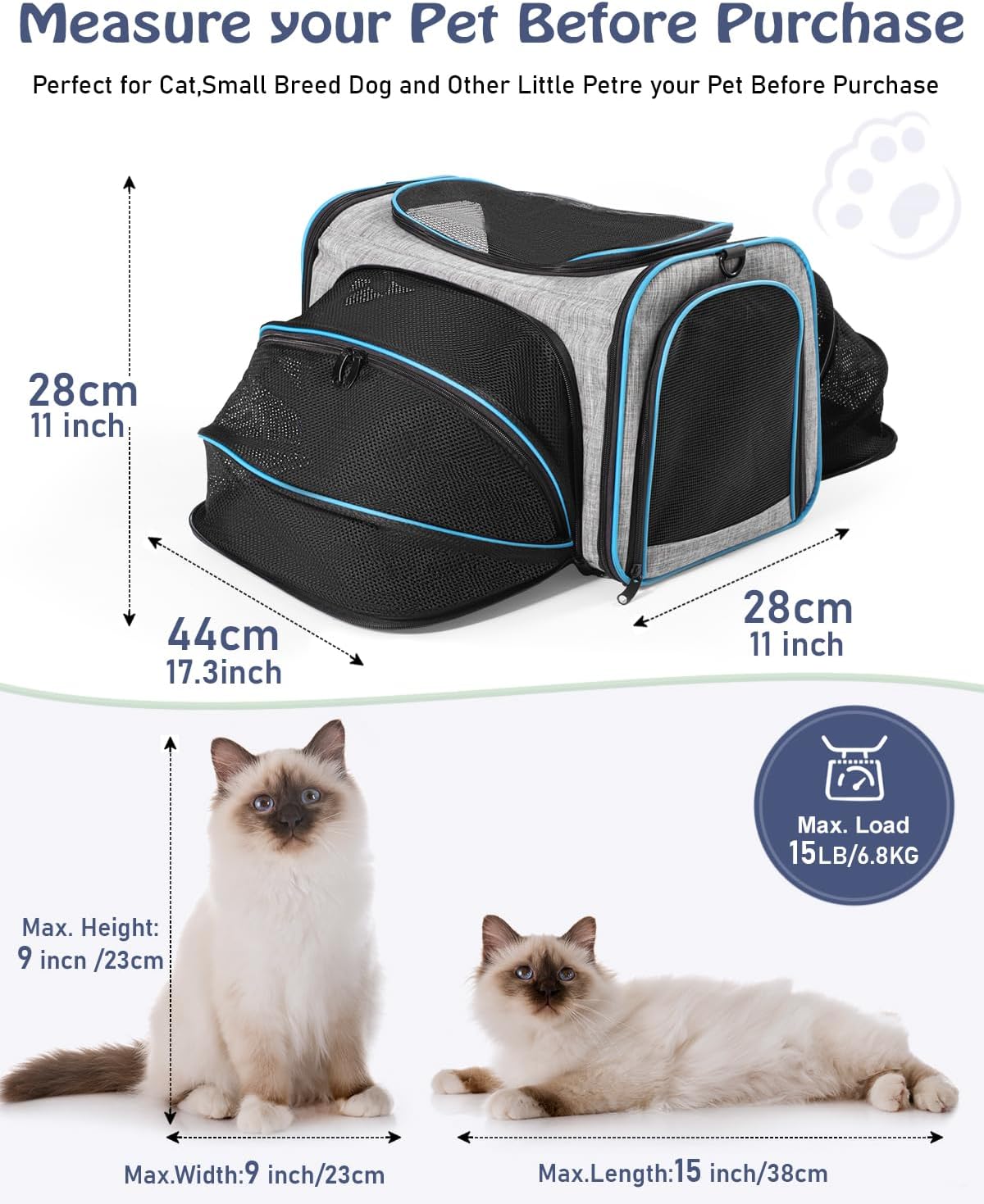 Siivton Cat Carrier,4 Sided Expandable Pet Carrier for Travel,Collapsible Soft-Sided Carriers with Removable Fleece Pad and Shoulder Straps,Airline Approved(17.5"x 11"x 11") - PuriLite
