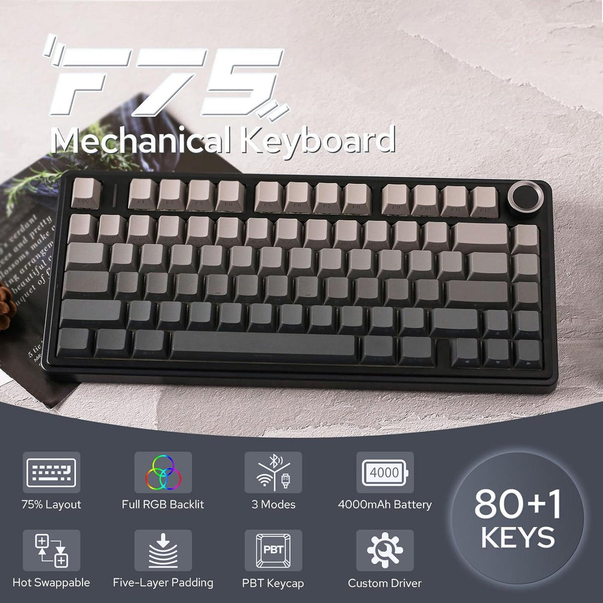 EPOMAKER x Aula F75 Gasket Mechanical Keyboard, 75% Wireless Hot Swappable Gaming Keyboard with Five-Layer Padding&Knob, Bluetooth/2.4GHz/USB-C, RGB (Black Gradient, LEOBOG Reaper Switch) - PuriLite