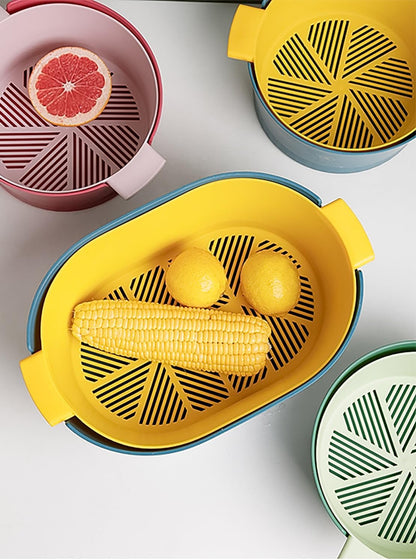 Kitchen Washbas Food Strainer Drain Basket Rotating Drainer Double-Layer Basin Vegetable Fruit Washing Strainer - PuriLite