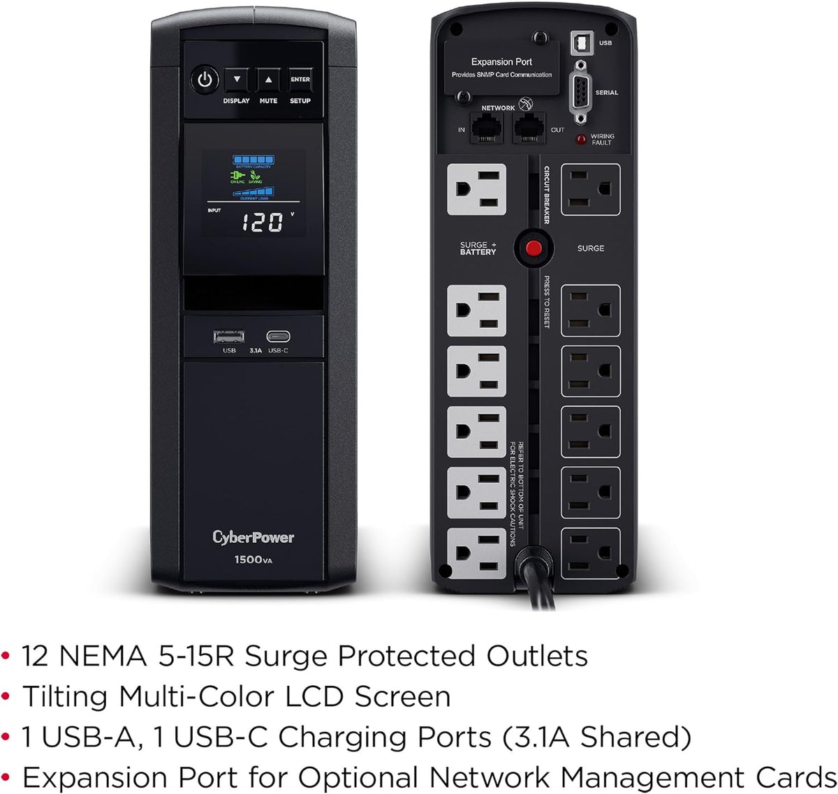 CyberPower CP1500PFCLCD PFC Sinewave UPS System, 1500VA/1000W, 12 Outlets, AVR, Mini Tower, Black - PuriLite