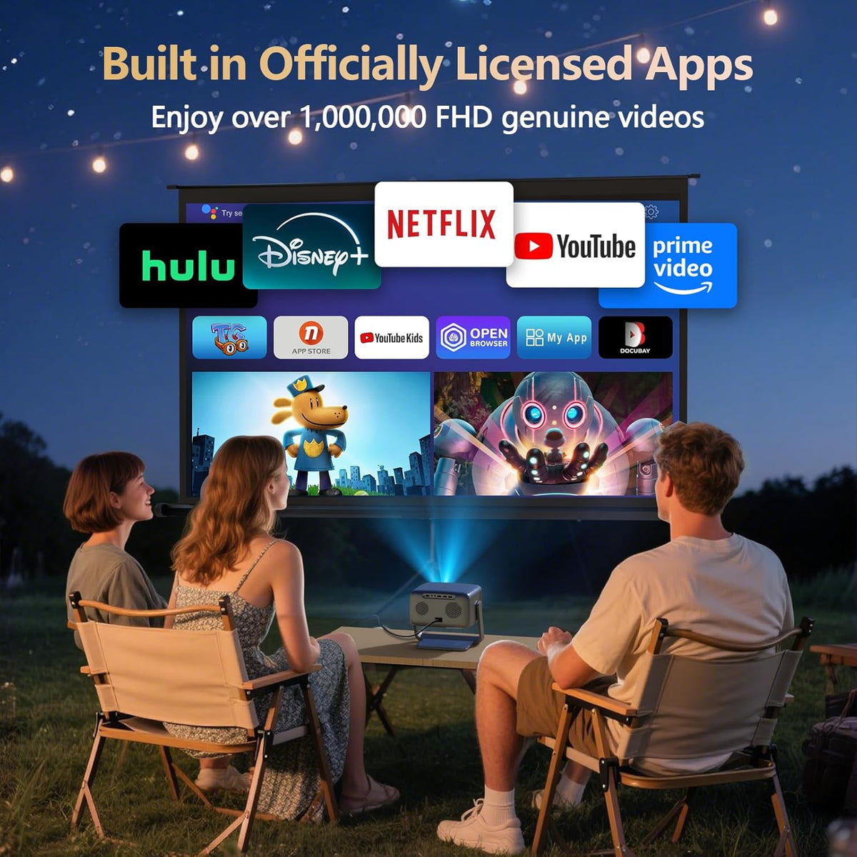4K-Projector [1500 ANSI/Official-NetfIix/360°Stand] Outdoor Projector with WiFi 6 and Bluetooth, Auto Focus, Auto Keystone Smart Proyector Native 1080P Support 36W DoIby Audio 500'' Display HDR 10+ - PuriLite