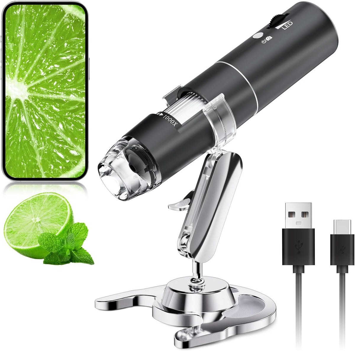 SKYBASIC Wireless Digital Microscope,50X-1000X Magnification WiFi Portable Handheld Microscopes with Adjustable Stand HD USB Microscope Camera Compatible with iPhone Android iPad Windows Mac Computer - PuriLite
