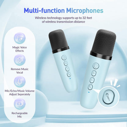 Karaoke Machine, Portable Bluetooth Karaoke Speaker with 2 Wireless Microphones and Party Lights for Kids and Adults, Birthday Gifts for Girls Boys Family Home Party (Beige2) - PuriLite