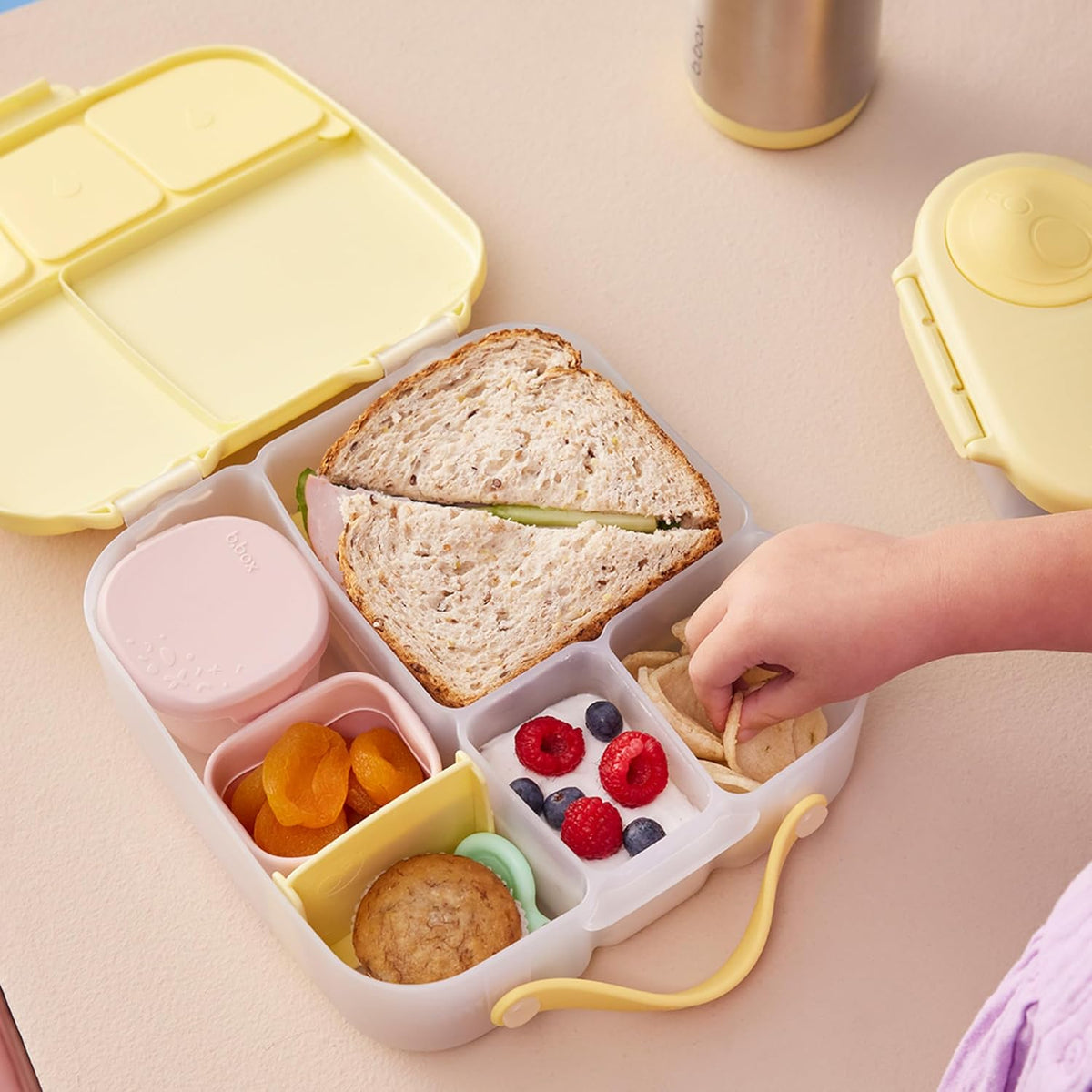 b.box 5-Compartment bento Style Lunch Box for Kids, Toddlers, Childrens, BPA-Free Food Storage Container with Cooler Pack, ON-The-GO Food Box with Handles Included Custom Divider, Lemon Twist - PuriLite