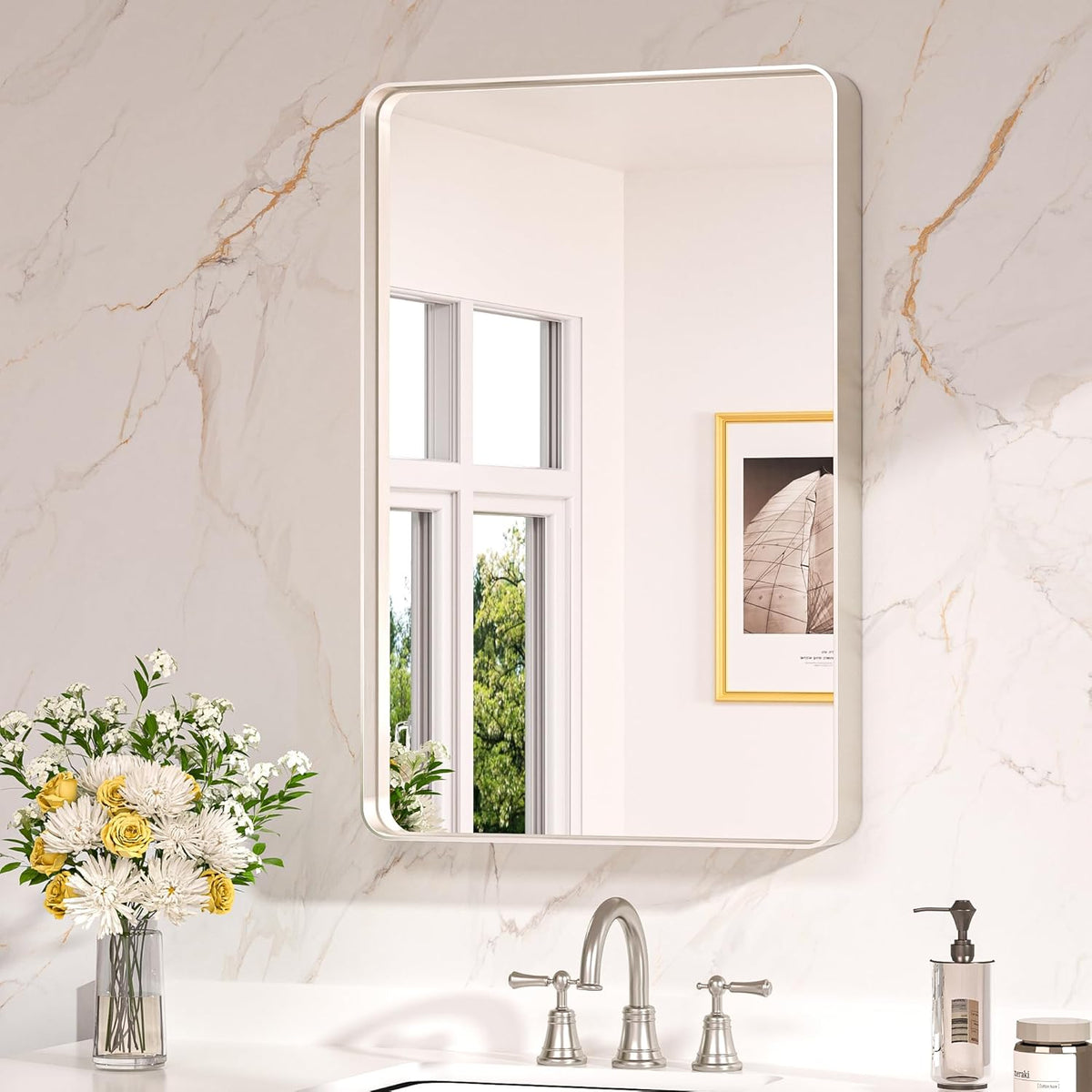 Keonjinn 42 x 36 Brushed Nickel Bathroom Vanity Mirror, Large Rounded Rectangle Bathroom Mirrors for over Sink, Metal Framed Silver Mirror for Wall, Shatterproof HD Tempered Glass(Horizontal/Vertical) - PuriLite