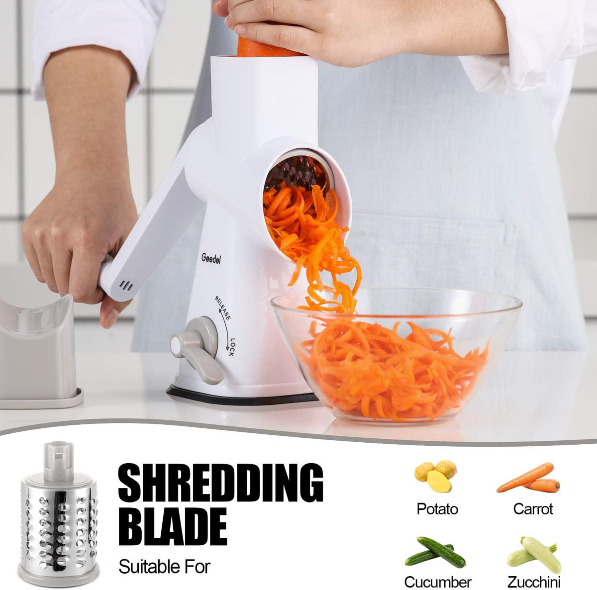 Geedel Kitchen Cheese Grater, Rotary Mandoline Vegetable Slicer with Interchangeable Blades, Easy to Use Rotary Grater Slicer for Fruit, Vegetables, Nuts - PuriLite
