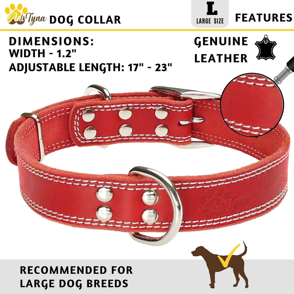 ADITYNA Heavy-Duty Leather Dog Collar for Medium Dogs - Soft and Strong, 100% Genuine Leather - Collier Pour Chien (Medium: Fit 13" - 20" Neck, Brown) - PuriLite