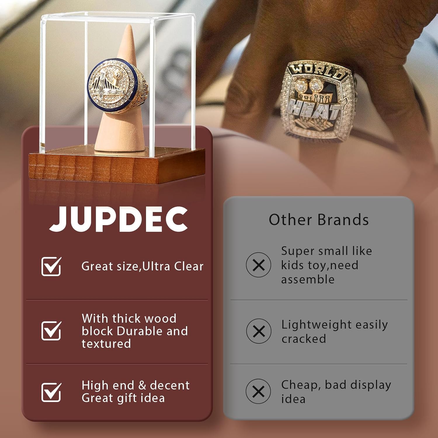 JupDec Baseball Display Case, Clear Cube Baseball Holder with Wooden Base, Autograph Baseball Stand Box for Single Ball, Acacia Wood, Brown, 1 Pack - PuriLite