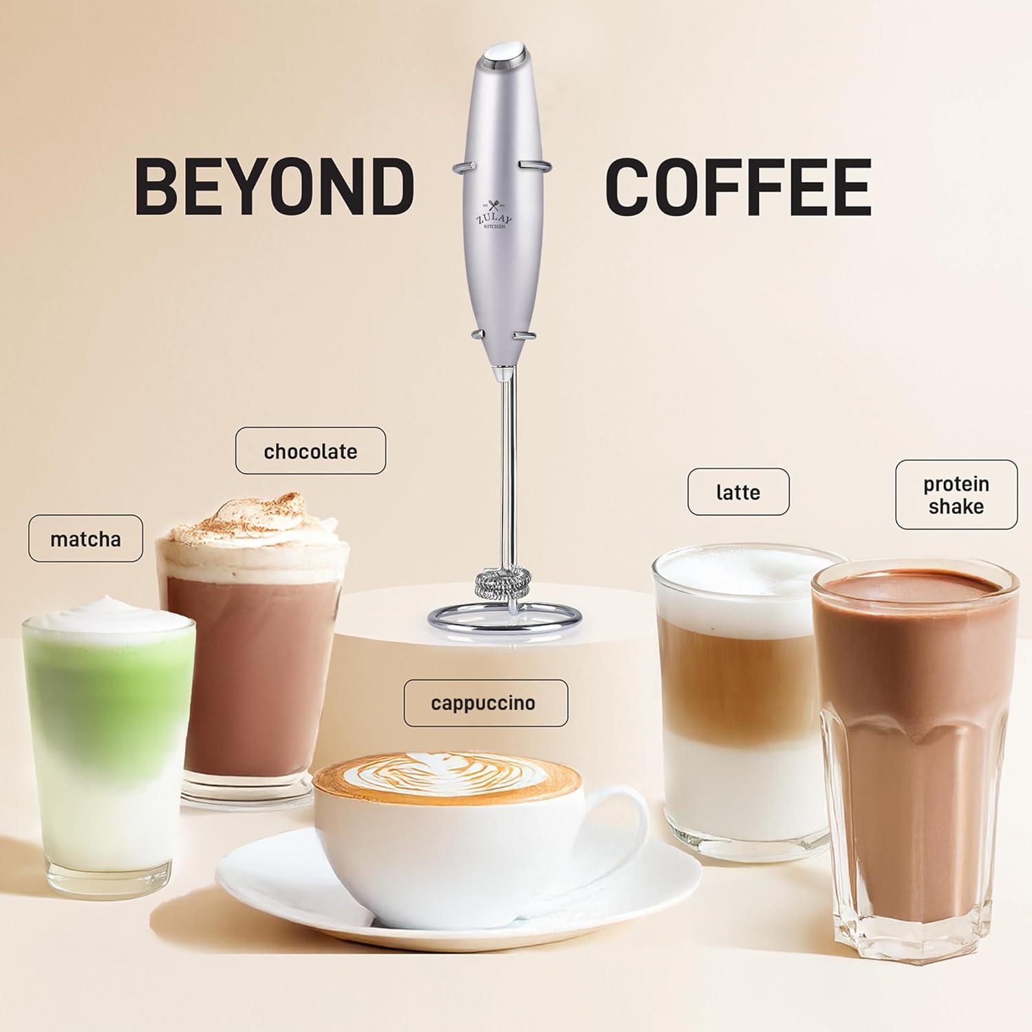Zulay Kitchen Powerful Double Whisk Milk Frother Handheld - Foam Maker with Stand - Whisk Drink Mixer for Coffee, Mini Foamer for Latte, Matcha, Frappe, Hot Chocolate & Cappuccino (Black) - PuriLite