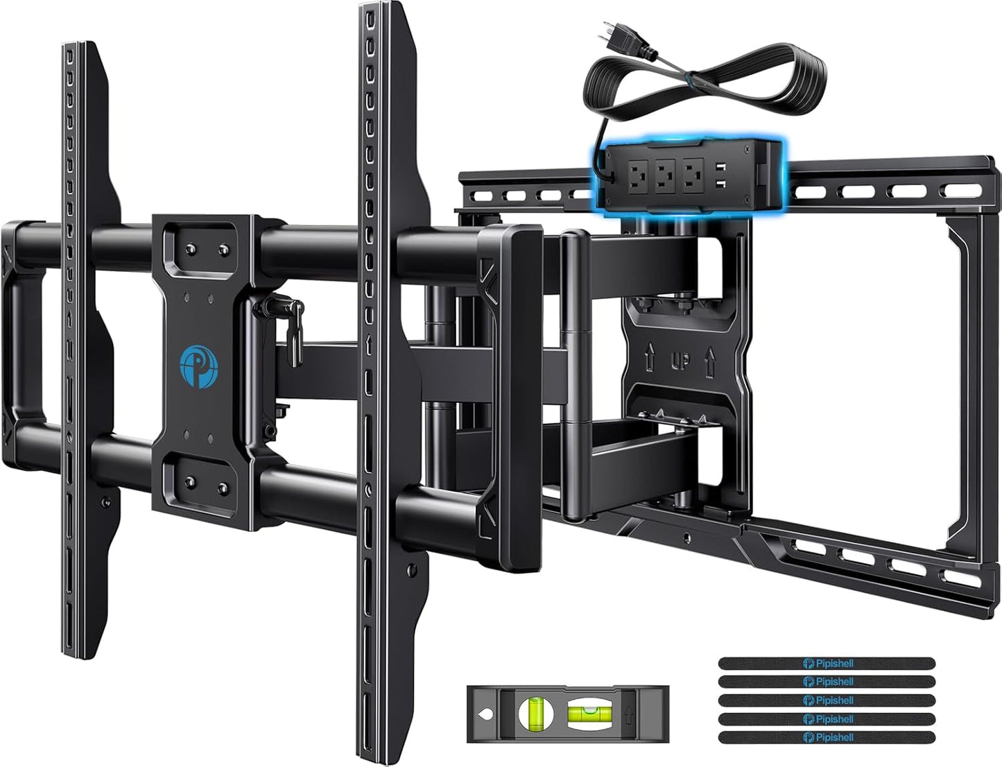 Pipishell Full Motion TV Wall Mount with Power Strip for 42–90 Inch TVs up to 150 lbs, Pre-Assembled TV Mount Has Smooth Swivel, Tilt, Extension, Max VESA 600x400mm, 12“/16”/24” Wood Studs, PILF19 - PuriLite