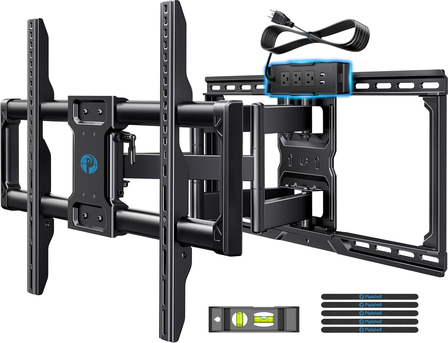 Pipishell Full Motion TV Wall Mount with Power Strip for 42–90 Inch TVs up to 150 lbs, Pre-Assembled TV Mount Has Smooth Swivel, Tilt, Extension, Max VESA 600x400mm, 12“/16”/24” Wood Studs, PILF19 - PuriLite
