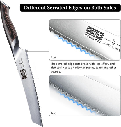 HOSHANHO Bread Knife 10 inch, Japanese High Carbon Stainless Steel Serrated Bread Knife, Professional Bread Cutting Knife for Homemade Bread - PuriLite