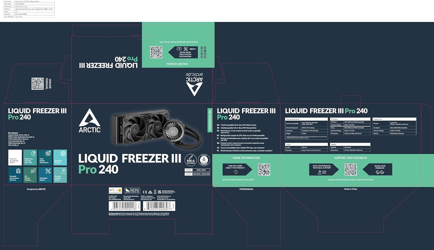 ARCTIC Liquid Freezer III Pro 240-240 mm AIO CPU Cooler, Water Cooling, 38 mm Radiator, PWM Pump, VRM Fan, AMD AM5/AM4, Intel LGA1851/1700 Contact Frame - Black - PuriLite