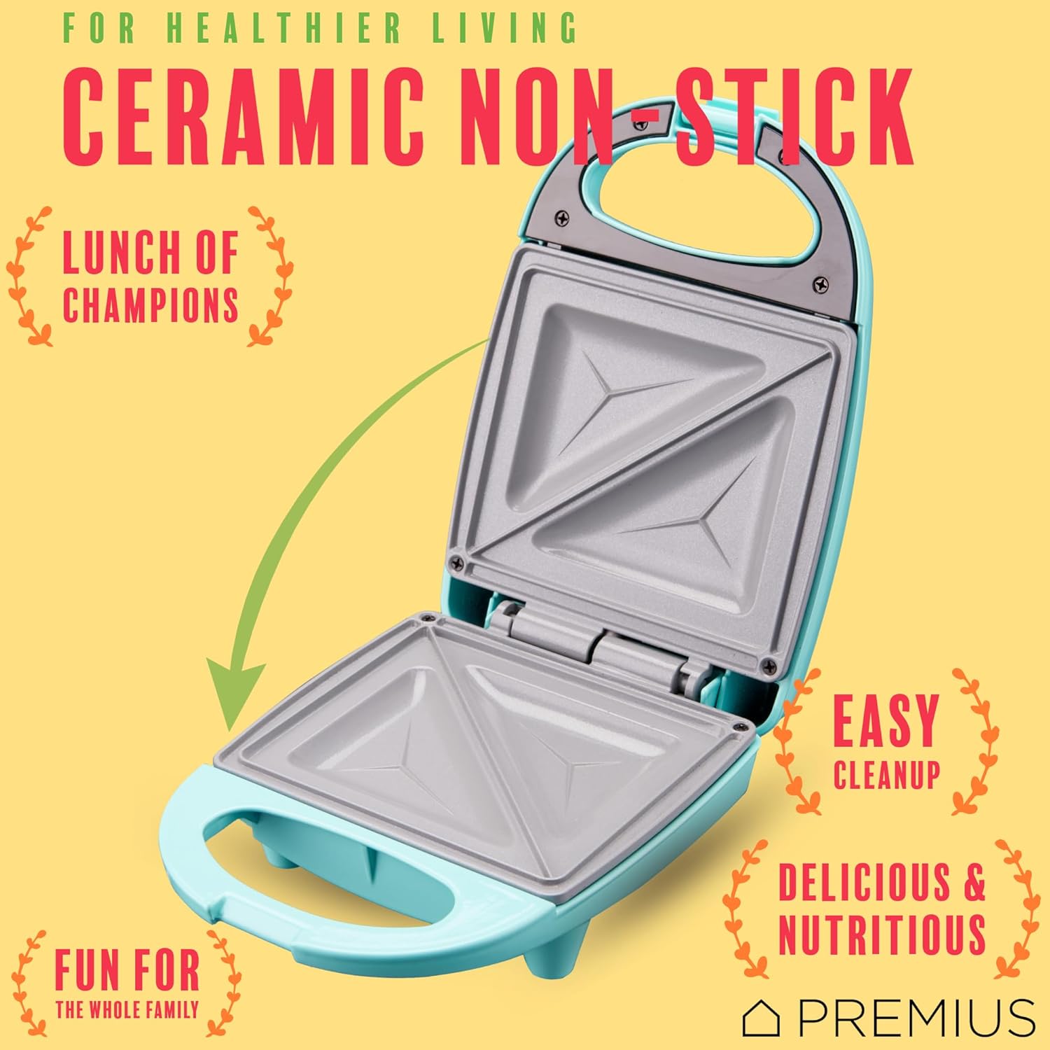 PREMIUS Ceramic NonStick Mini Snack Sandwich Maker, Indicator Light, 5x4.4 Inch Mold, Great for French Toast, Tuna Melt, Egg & Grilled Cheese, Pancake Sandwich, Desserts, Toasties, 520 W (Red) - PuriLite