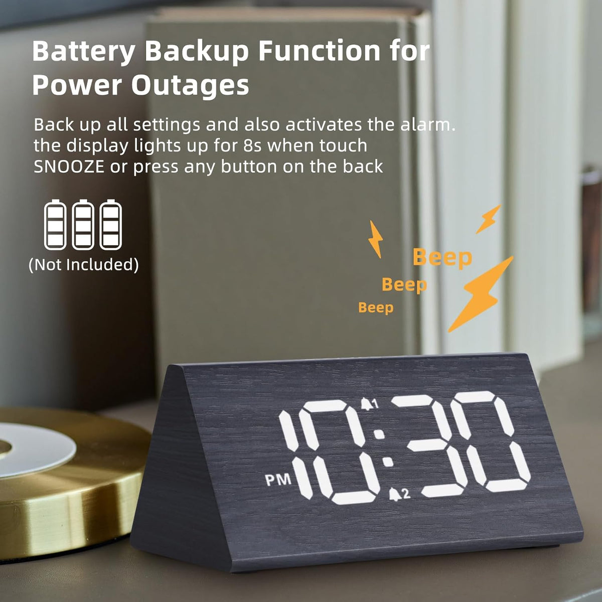 Odokee Wooden Digital Alarm Clock for Bedroom: Electric Desk Clock with Large LED Display - Brown - PuriLite