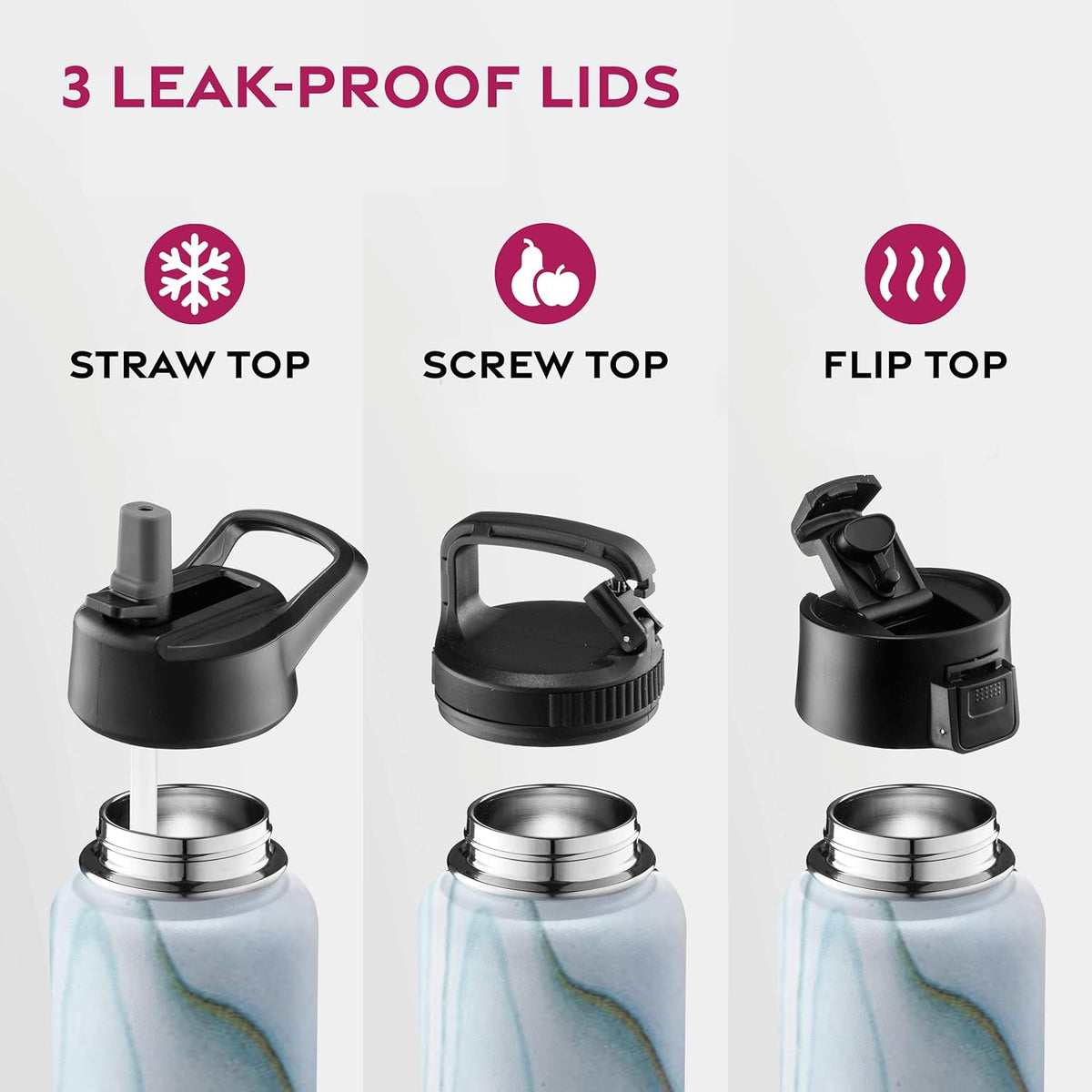 FineDine Water Bottle - Stainless Steel Insulated Water Bottle with Straw Lid, Flip Lid & Wide-Mouth Cap - Keeps Hot and Cold - 25 Oz / 739ml - Pure Pearly White - PuriLite