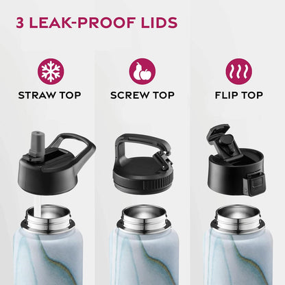 FineDine Water Bottle - Stainless Steel Insulated Water Bottle with Straw Lid, Flip Lid & Wide-Mouth Cap - Keeps Hot and Cold - 25 Oz / 739ml - Pure Pearly White - PuriLite