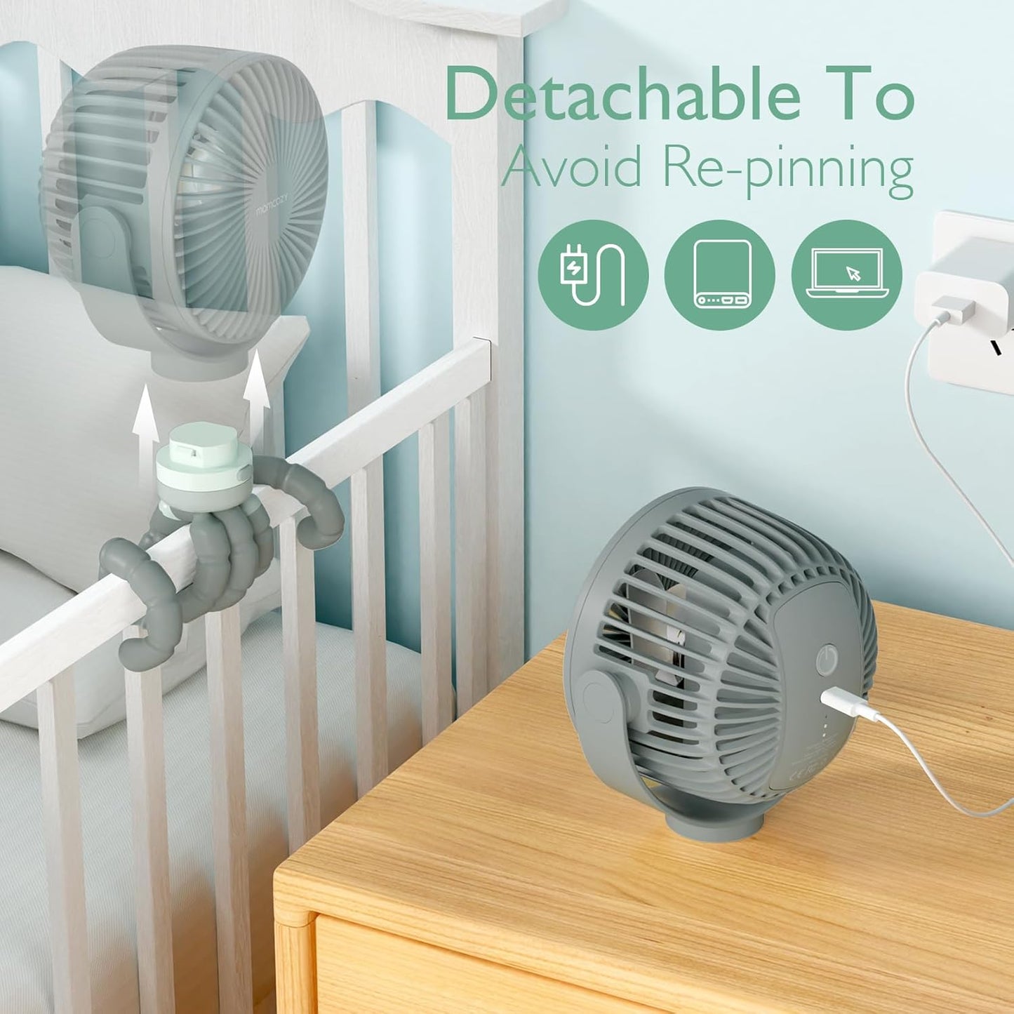Momcozy Portable Stroller Fan, 27H Ultra-long Battery Life, Detachable 4 Speed 360°Rotate, LED Night Light with 2 Modes, USB Rechargeable and Handheld Cooling Fan for Travel, Car Seat - PuriLite