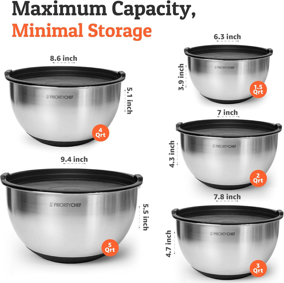 Priority Chef Premium Mixing Bowls with Lids Set, Airtight Lids, Thicker Stainless Steel Mixing Bowl Set, Large Prep Metal Bowls, Nesting Bowls for Kitchen, 1.5/2/3/4/5 Qrt, Black - PuriLite